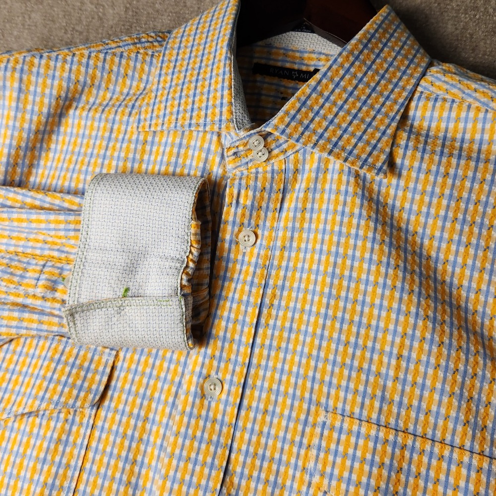 Ryan Michael Mens Yellow Blue Gingham Plaid Button Down Shirt L/S